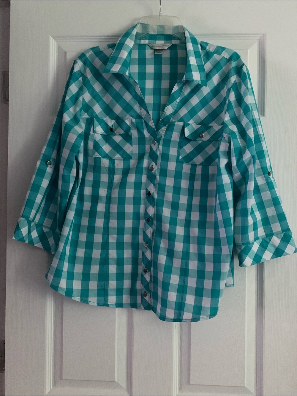 Christopher & Banks Button Down Roll Tab Shirt Aqua White Gingham Plaid Large